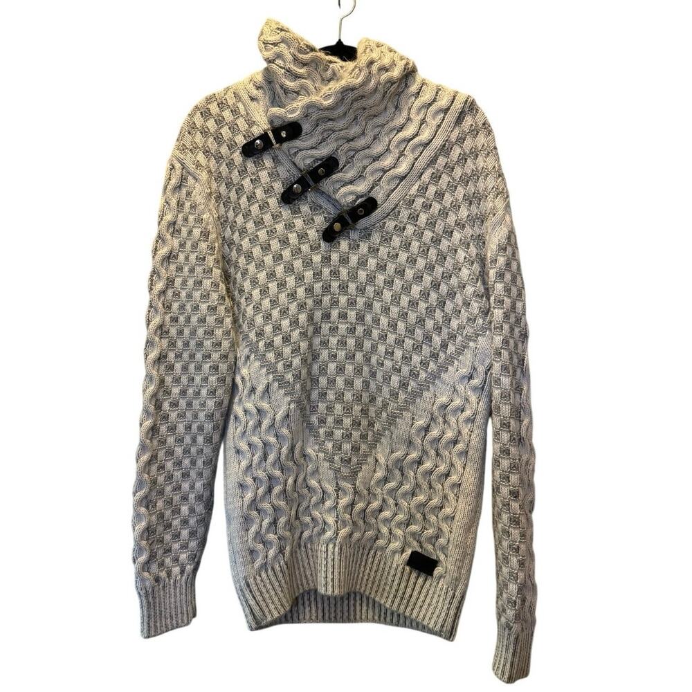 Leif Nelson Men's Sweaters Cable Knit Shawl Collar Toggle Gray Cream Size XL